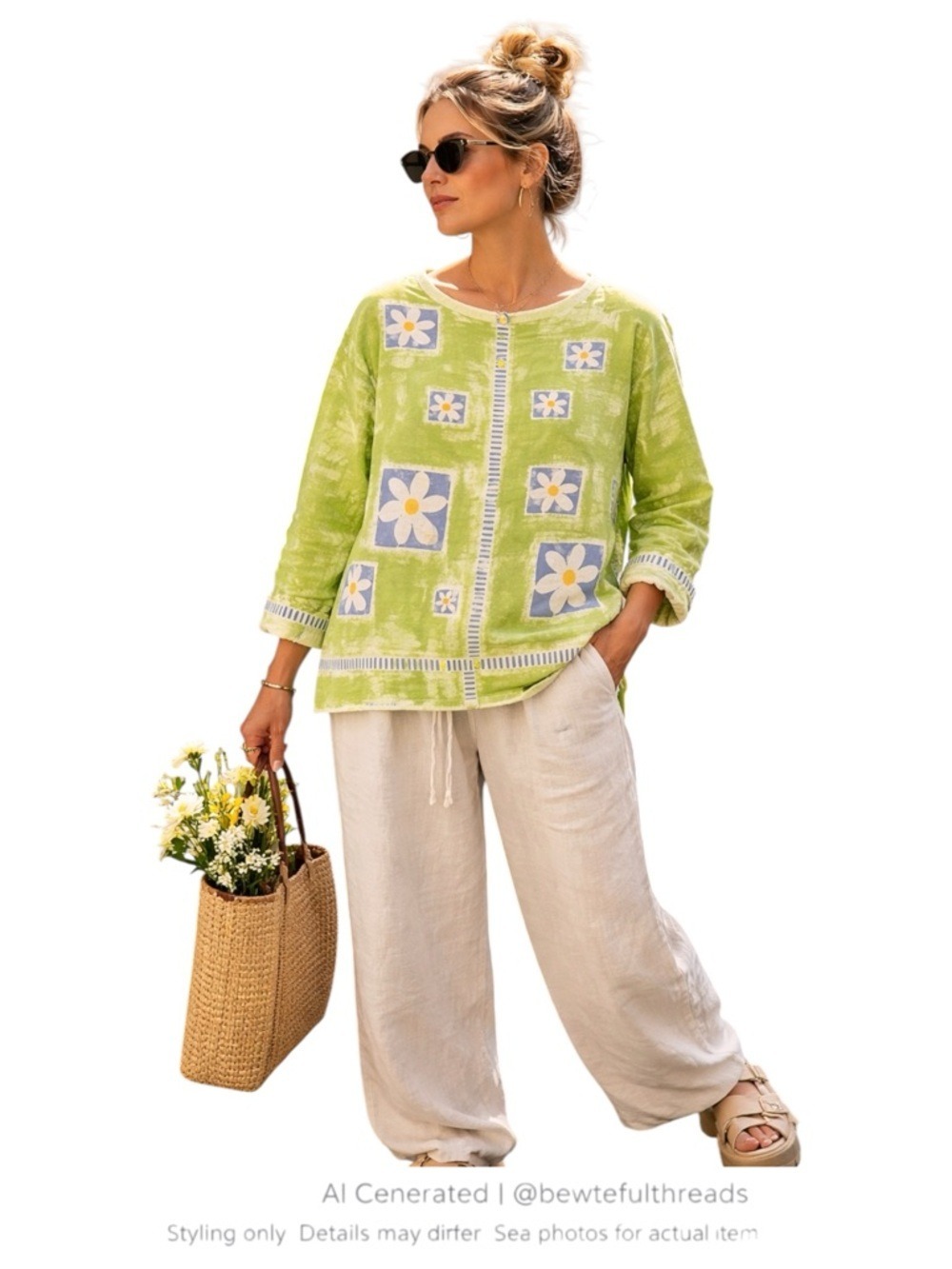 Vintage Camper Lime Green Daisy Graphic Knit Top Women’s L Artsy Cotton